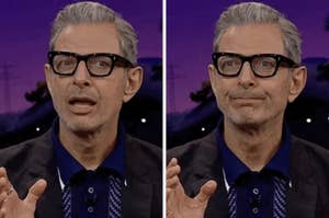 A man with glasses is gesturing and speaking in one image, and looking thoughtful in the next, on a show set