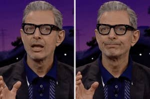 A man with glasses is gesturing and speaking in one image, and looking thoughtful in the next, on a show set