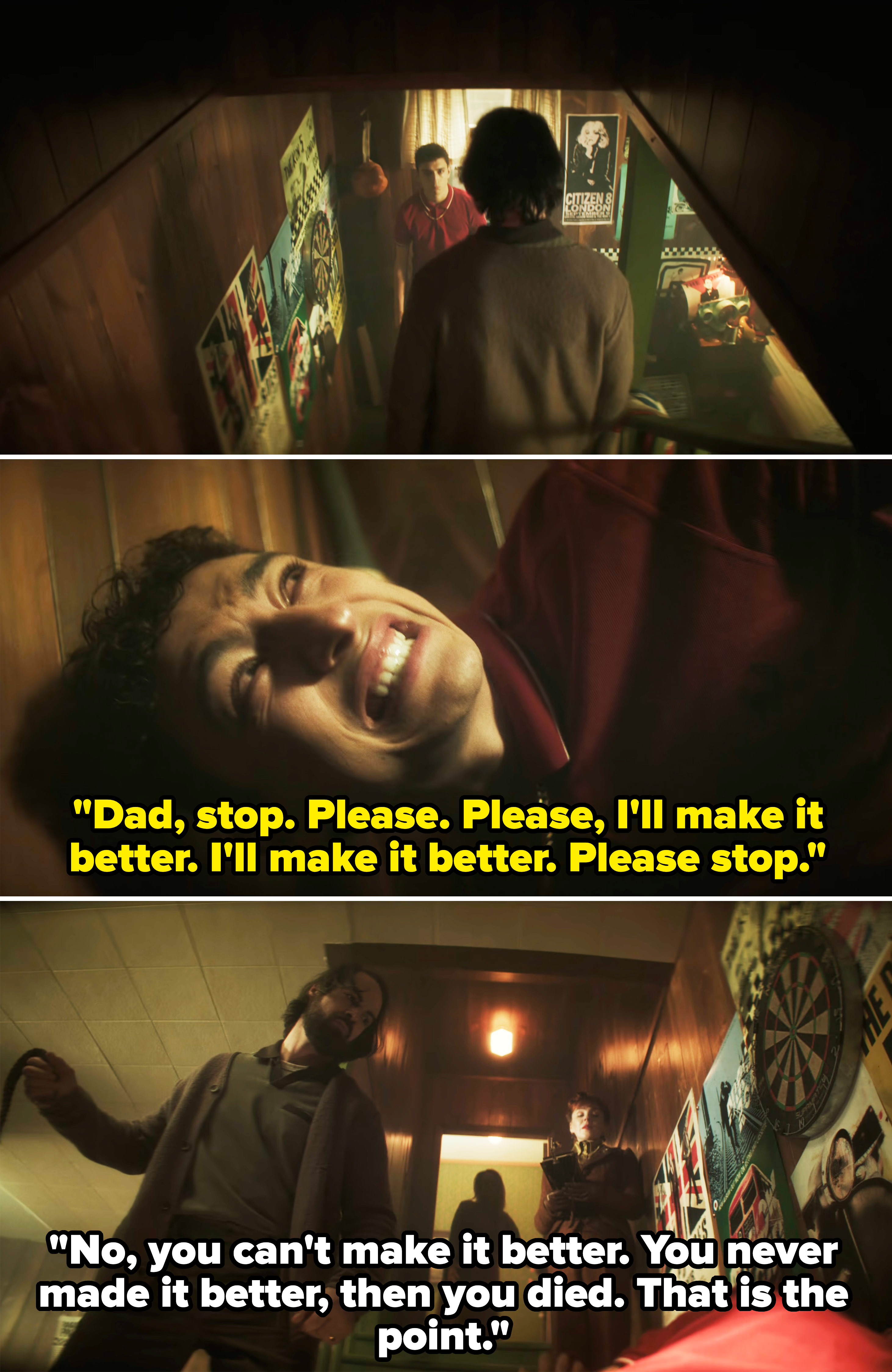 Three film scenes show a tense altercation: a person on the floor smiles fiercely as another stands over them. Posters cover the wood-paneled walls