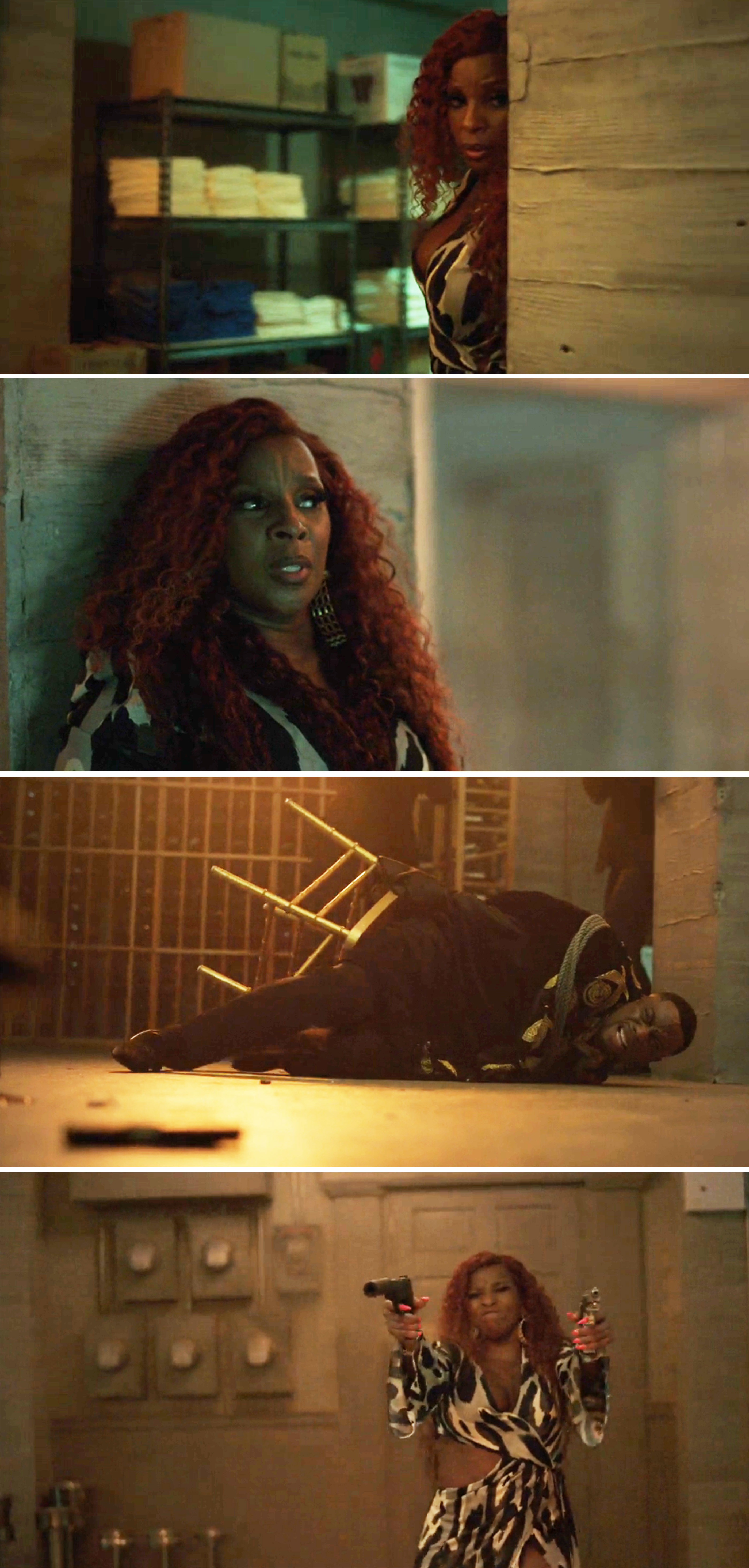 A woman with red curly hair, wearing a bold patterned outfit, appears concerned, then determined while holding two guns in a tense scene