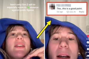 Split-screen image of a TikTok video; a person in a hoodie talks about Gen Z's reaction to violence against public figures. A highlighted comment reads, "Put THIS tik tok on the news."