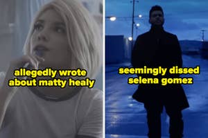 Image split into two: Left shows a person looking up with text "allegedly wrote about matty healy." Right shows a person walking with text "seemingly dissed selena gomez."