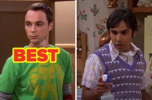 Two TV show characters in a split image: one in a graphic tee, the other in a patterned sweater vest, holding a spray bottle