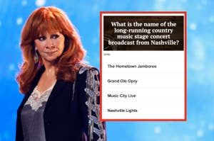 Woman in elegant attire next to a quiz with the question: "What is the name of the long-running country music stage concert broadcast from Nashville?"