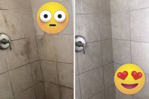Reviewer's shower before and after using mold and mildew cleaning spray