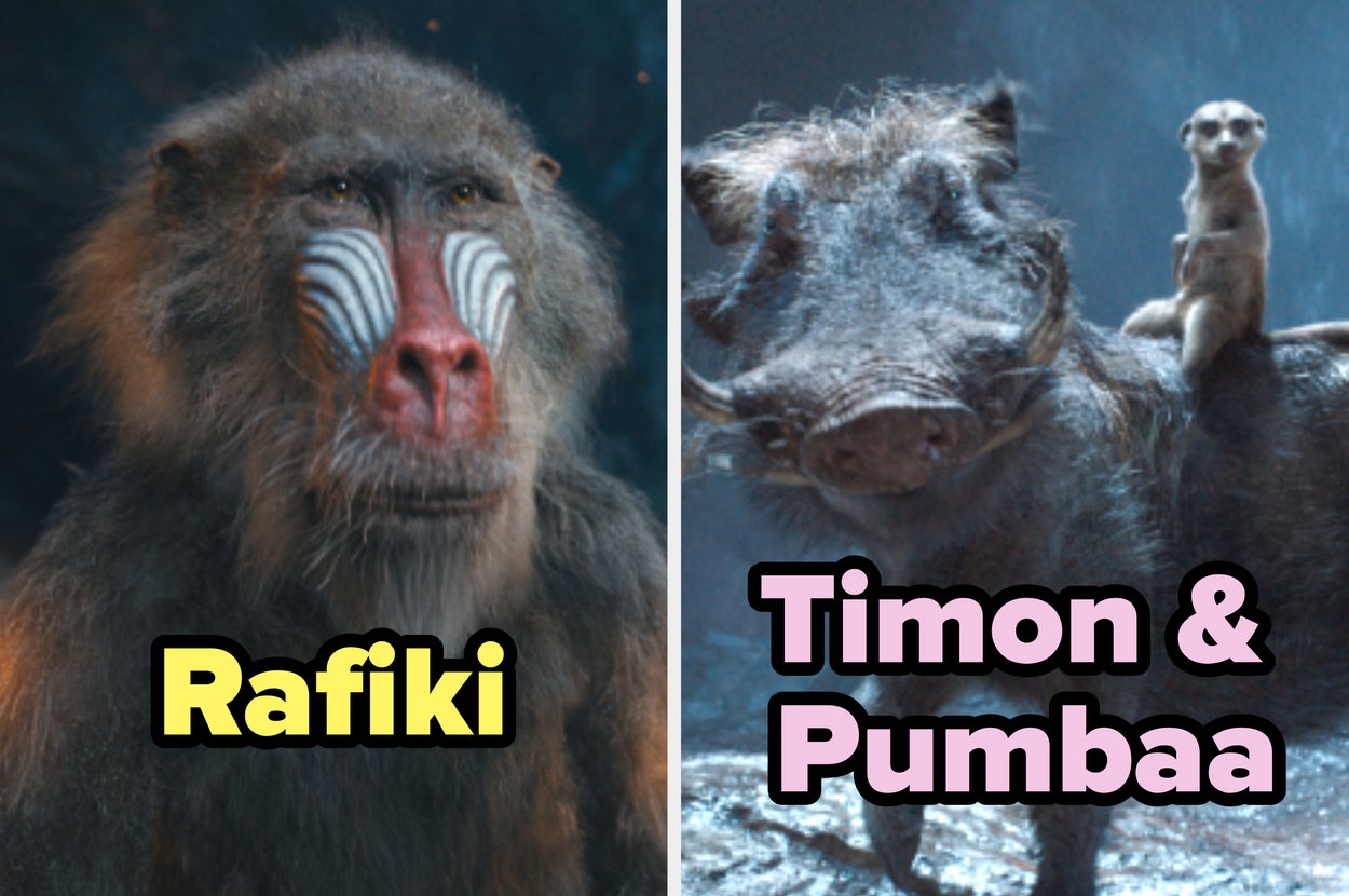 Side-by-side images: Rafiki the mandrill on the left, Timon the meerkat on top of Pumbaa the warthog on the right, from "The Lion King."