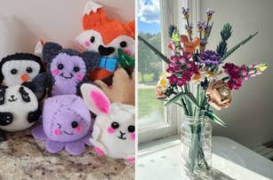 Stuffed animal toys and a bouquet of colorful, artificial flowers in a jar on a windowsill