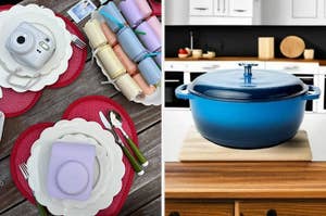 Left: Holiday table setting with a camera and films. Right: Blue cast iron Dutch oven on a wooden countertop in a modern kitchen