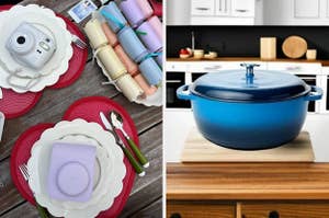 Left: Holiday table setting with a camera and films. Right: Blue cast iron Dutch oven on a wooden countertop in a modern kitchen