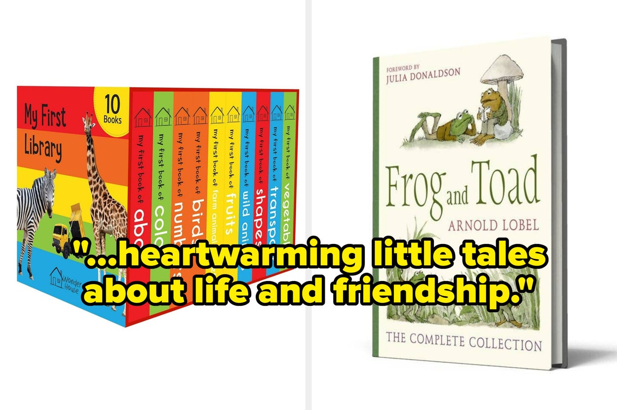 Children's book sets: "My First Library," 10 colorful storybooks, and "Frog and Toad: The Complete Collection" by Arnold Lobel