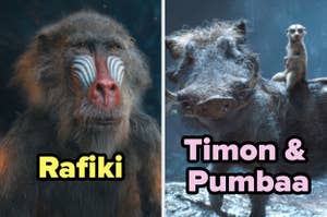 Side-by-side images: Rafiki the mandrill on the left, Timon the meerkat on top of Pumbaa the warthog on the right, from "The Lion King."