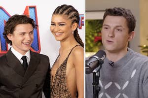 Two celebrities at an event; one in a dark suit and the other in a stylish dress with braided hair, beside an image of one speaking into a microphone