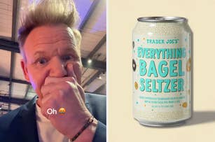 Person surprised with hand over mouth next to a can of "Trader Joe's Everything Bagel Seltzer" on a light background
