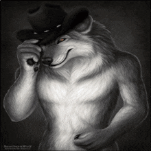 Lobo antropomorfo con sombrero de vaquero, mostrando una sonrisa confiada