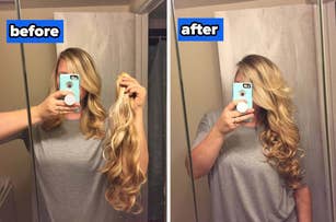 Before and after images showing hair extensions applied, adding volume and length to the person's hairstyle