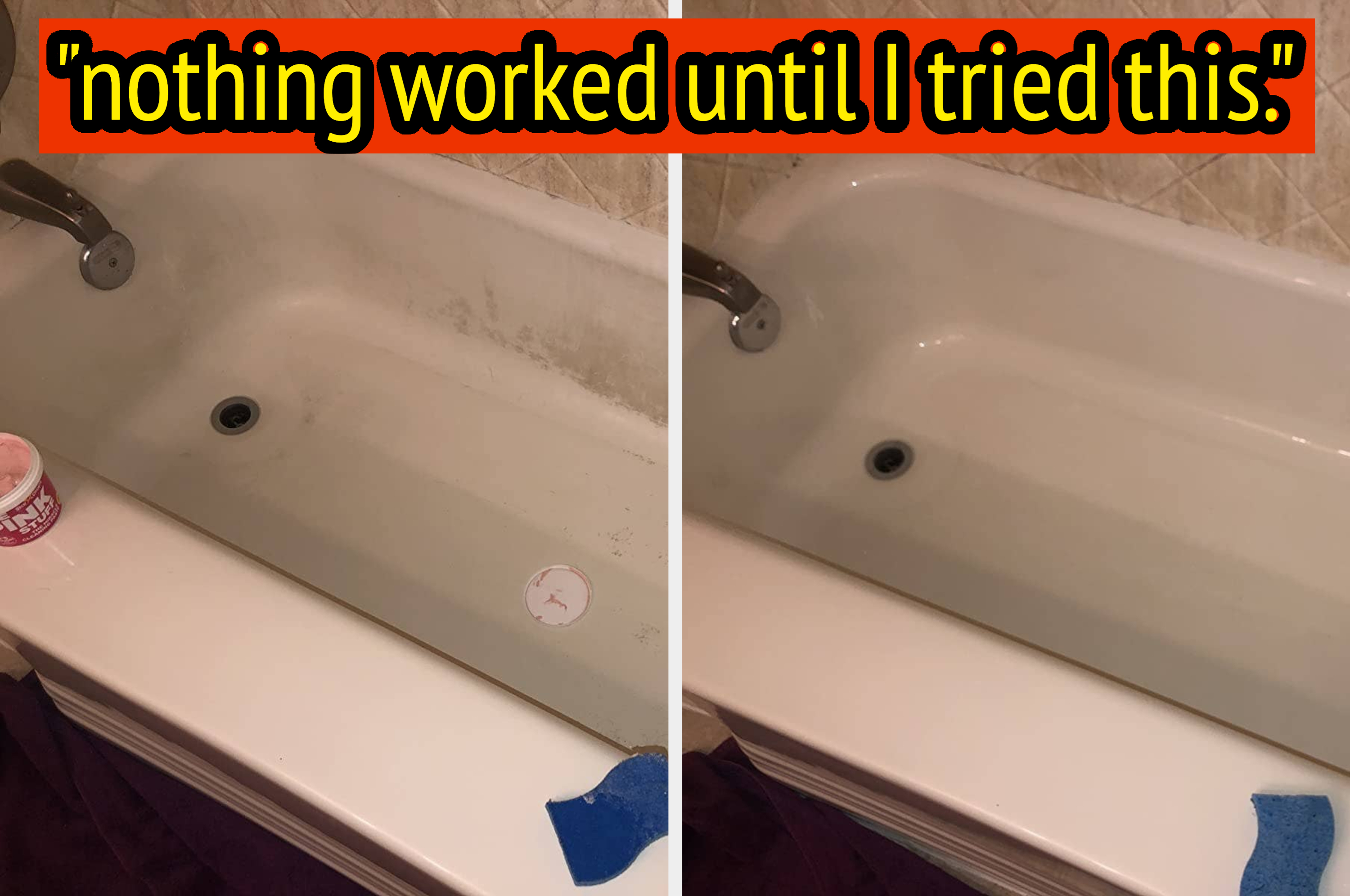 Reviewer's bathtub before and after using The Pink Stuff
