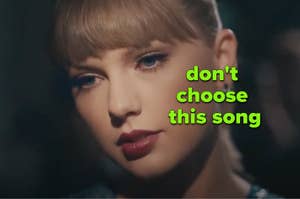 A person with makeup looks down contemplatively. Text overlay reads: "don't choose this song."