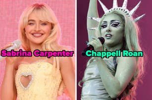 On the left, Sabrina Carpenter wearing a sparkly outfit on stage, and on the right, Chappell Roan dressed like the Statue of Liberty