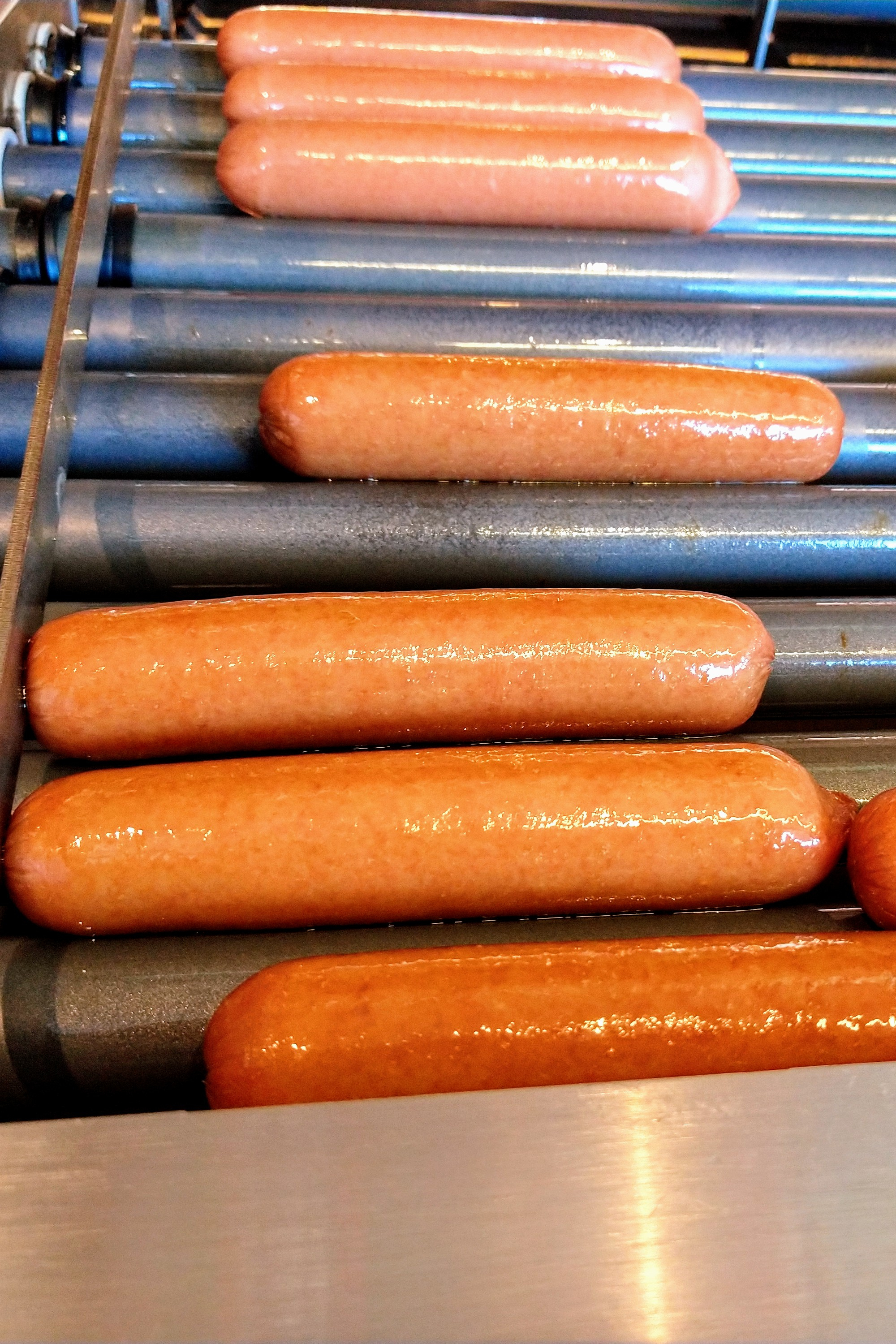 Hot dogs cooking on a roller grill, evenly arranged and glistening