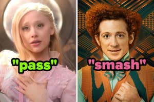 Left: Woman with long wavy hair, wearing a frilly top. Right: Man with curly hair in a vest and bow tie. Text reads "pass" and "smash."