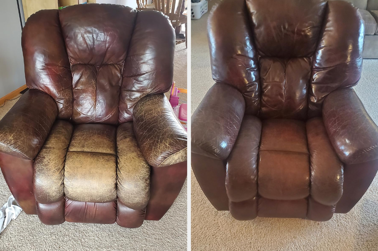 Side-by-side comparison of a reviewer's old, worn leather recliner (left) and the same recliner after restoration (right)