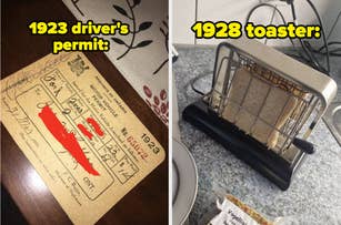 1923 driver's permit on the left; 1928 toaster with bread in it on the right