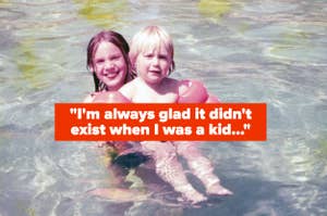 Woman and child smiling in a pool, with text: "I'm always glad it didn't exist when I was a kid..."