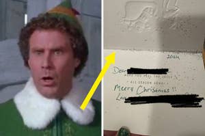 Scene from a holiday movie featuring a surprised person in elf attire next to a Christmas card with a message written inside