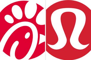 Chick-fil-A logo on the left, Lululemon logo on the right; both feature distinctive designs in red circles
