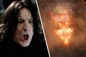 Snape looks intense, paired with an image of a fiery, monstrous creature with glowing eyes and sharp teeth
