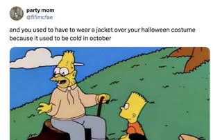 Grandpa and Bart Simpson sit on a hill. Text above reads about wearing jackets over Halloween costumes in October due to the cold