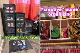 Sneaker collection in clear boxes on left, colorful purses organized in closet on right. Text: "a sneakerhead's dream," "~creative~ purse organizing."