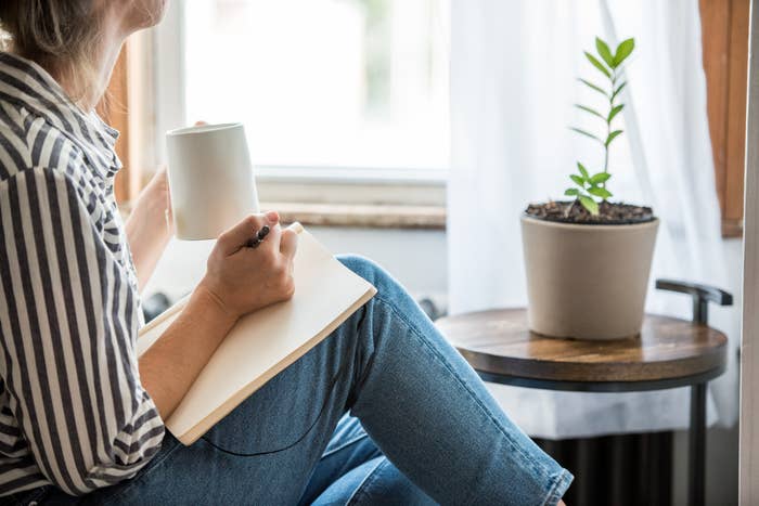 Person sitting by a window with a notebook and mug, next to a table with a potted plant