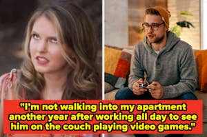 Split image: Left shows a woman making a disgusted expression; right shows a man in casual clothes playing video games. Caption below describes a woman's frustration