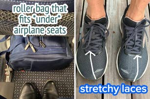 Left: Roller bag fitting under airplane seat. Right: Sneakers with stretchy laces shown on feet