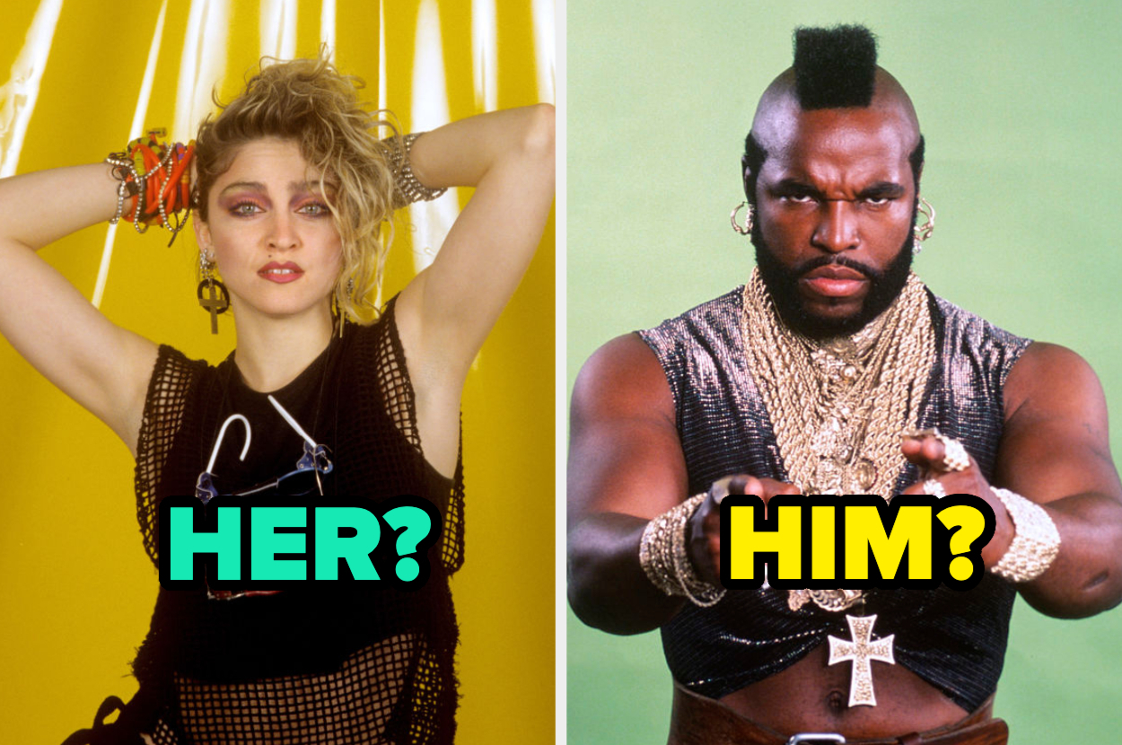 Two celebrities posing: a woman with a punk-inspired look and a man with a mohawk, gold chains, and a tough expression. Text reads 