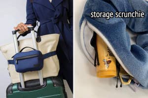 Left: Person holding a travel bag on a suitcase handle. Right: A storage scrunchie holding small items, labeled "storage scrunchie."