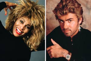 Two celebrities in portrait photos: one with voluminous hair smiling widely, the other wearing an earring and a watch with a thoughtful expression