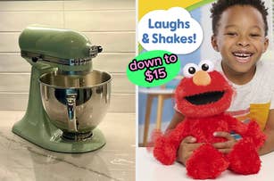 Left: Green stand mixer on a kitchen counter. Right: Smiling child with Elmo plush toy, sign reads "Laughs & Shakes! down to $15."