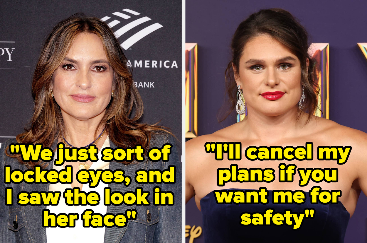 Split image of two celebrities. Left: Woman with bangs. Text: "Helped a woman who'd passed out outside of an apartment complex." Right: Man with sunglasses. Text: "Pulled a man out of an overturned truck on fire."