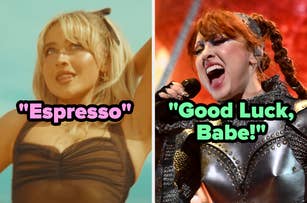 On the left Sabrina Carpenter dancing in the Espresso music video, and on the right, Chappell Roan performing Good Luck Babe at the VMAs