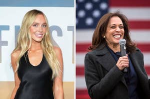Two women smiling; left is in a sleek black dress, right is holding a microphone, wearing a dark coat in front of a U.S. flag backdrop