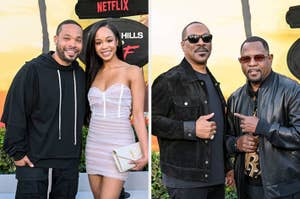 Two photos: Left shows a man in a black hoodie with a woman in a strapless mini dress. Right shows two men in black jackets and sunglasses on a red carpet
