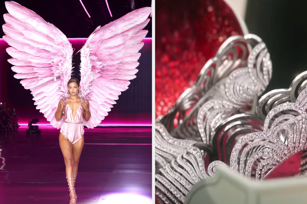 Gigi Hadid in lingerie with large wings on runway; ornate diamond heels displayed