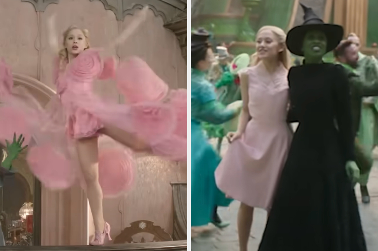 Glinda ins a short, flowy outfit dancing on a railing, then Glinda in a dress past her knees, standing next to Elphaba