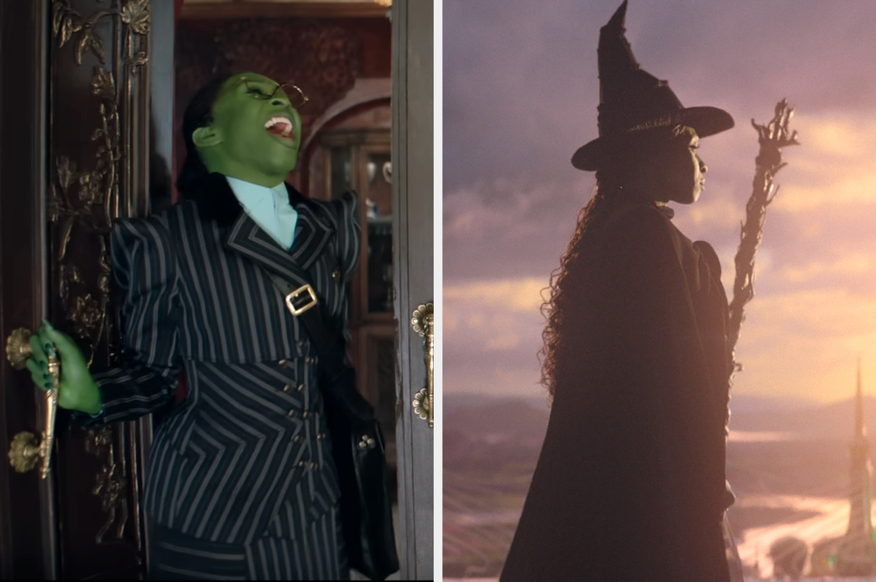 Elphaba laughing in a structured, pinstripe uniform, and Elphapa gazing into the sky in a flowing cape and pointy hat, holding a broom