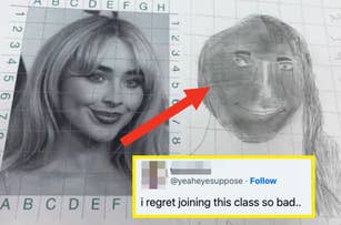 A grid drawing exercise showing a photo of a woman and a less skilled pencil sketch with a red arrow pointing to it; caption expresses regret