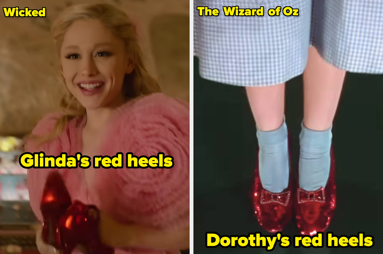 Left: Ariana Grande holding red heels in "Wicked." Right: Dorothy's red heels in "The Wizard of Oz"