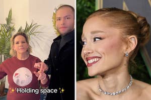 Left: Two people recreating the viral finger hold. Right: Ariana Grande laughing