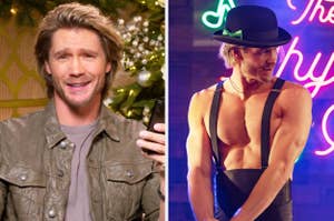 Chad Michael Murray in casual jacket holds phone and smiles; next, he wears a black hat and suspenders, shirtless, posing on stage in "The Merry Gentlemen"